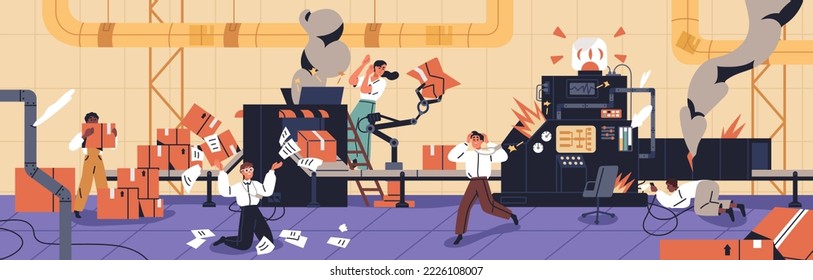 Manufacturing industry problem. Accident, emergency, labor insecurity at production workshop, factory. Danger, broken damaged industrial machines burning, workers in panic. Flat vector illustration