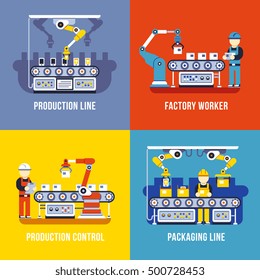 Manufacturing industry, production line, factory worker vector flat concepts set. Manufacture and management conveyor illustration