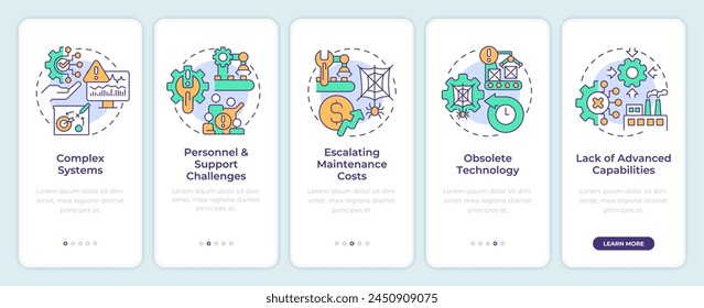 Manufacturing issues onboarding mobile app screen. Walkthrough 5 steps editable graphic instructions with linear concepts. UI, UX, GUI template. Montserrat SemiBold, Regular fonts used