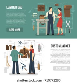 Manufacturing of leather clothing and accessories horizontal banners with customers and skinners demonstrating finished goods flat vector illustration 