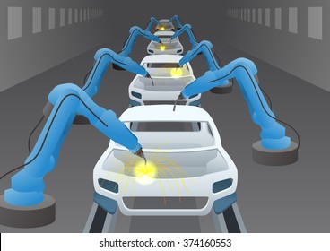 manufacturing line of a automotive factory and welding robots, factory automation image, vector illustration