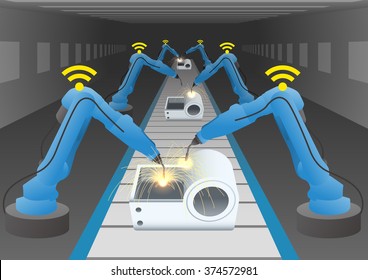 manufacturing line of a automotive factory and welding robots, wireless communication,  factory automation image, vector illustration