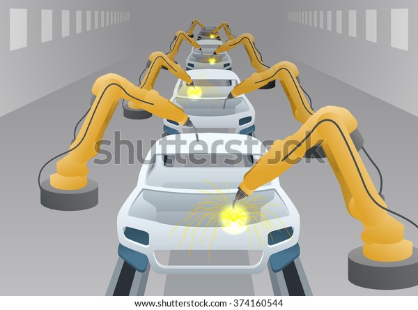 manufacturing line of a\
automotive factory and welding robots, factory automation image,\
vector\
illustration