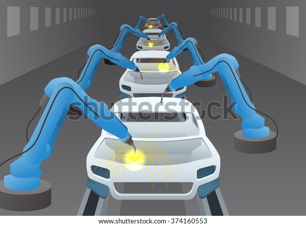 manufacturing line of a\
automotive factory and welding robots, factory automation image,\
vector\
illustration