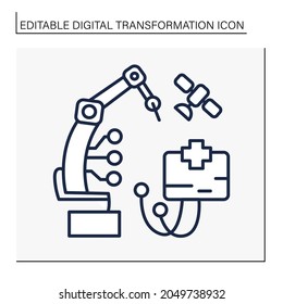 Manufacturing line icon. Industry 4.0. Mechanization manufacture in the medical sphere. Smart technologies. Digital transformation concept.Isolated vector illustration.Editable stroke