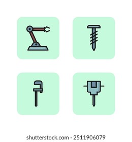 Manufacturing line icon set. Tools and machining of parts on conveyor. Industrial enterprise concept. Vector illustration for web design and apps