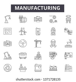 Manufacturing line icons, signs set, vector. Manufacturing outline concept, illustration: industrial,factory,engineering,industry,robot,production,manufacture,manufacturing