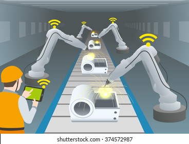 manufacturing line of a machine factory and welding robots, controlled by engineer with tablet device, internet of things, factory automation image, vector illustration
