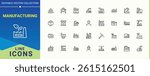 Manufacturing linear icon set. Includes thin line symbols conveyor, manufacture, industry and more. Factory linear icon set. Minimal thin line web icons set. Editable stroke.