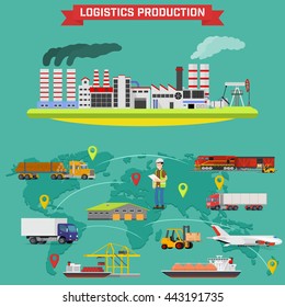 Manufacturing and logistics goods. Production process with factory buildings. Storing of goods in warehouse, fast delivery worldwide. Vector infographic