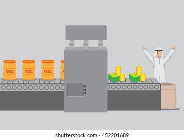 Manufacturing machine turns barrels of crude oil into money and Arab man collecting wealth at the end. Cartoon vector illustration on oil and gas business isolated on grey background.