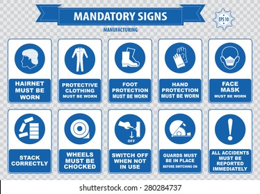 Manufacturing mandatory sign (hairnet must be worn, foot protection, hand, face mask, stack correctly, wheels, switch off, guard be in place, accidents, id card, aisle, forklift, place rubbish bin)