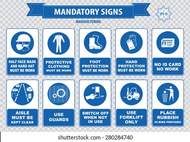 Manufacturing mandatory sign (hairnet must be worn, foot protection, hand, face mask, stack correctly, wheels, switch off, guard be in place, accidents, id card, aisle, forklift, place rubbish bin)