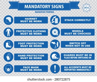 Manufacturing Mandatory Signs (hairnet must be worn, stack correctly, wheels must be choked, boots, gloves, face mask, dust mask, guards, show you id cards, place rubbish in bins)