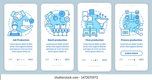 Manufacturing method blue onboarding mobile app page screen with linear concepts. Job, batch, process production walkthrough steps graphic instructions. UX, UI, GUI vector template with illustrations