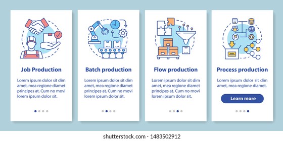 Manufacturing method onboarding mobile app page screen with linear concepts. Job, batch, flow, process production walkthrough steps graphic instructions. UX, UI, GUI vector template with illustrations