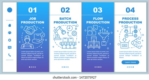 Manufacturing method onboarding mobile web pages vector template. Job, flow production. Responsive smartphone website interface idea with linear icons. Webpage walkthrough step screens. Color concept 
