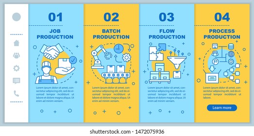 Manufacturing method onboarding mobile web pages vector template. Job, flow production. Responsive smartphone website interface idea with linear icons. Webpage walkthrough step screens. Color concept 