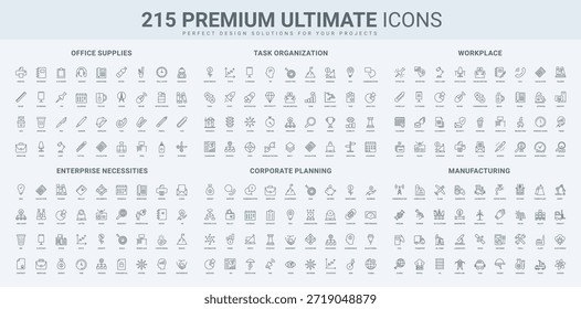Manufacturing, office supplies for workplace, task organization, problem solving line icon set. Documents and communication in enterprise, operations thin black outline symbols vector illustration