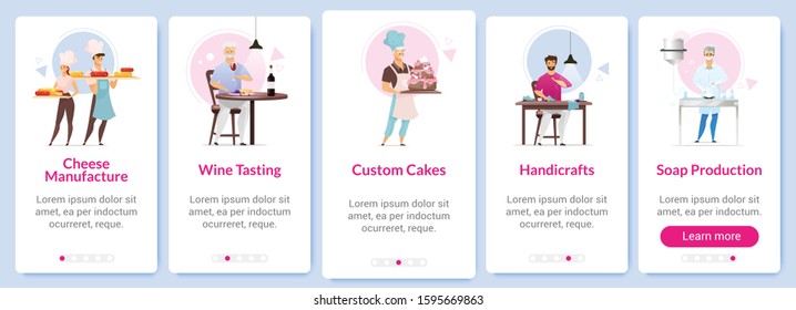 Manufacturing onboarding mobile app screen vector template. Cheesemaking, wine tasting. Custom cakes. Walkthrough website steps with flat characters. UX, UI, GUI smartphone cartoon interface concept
