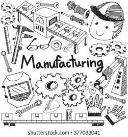 Manufacturing and operation system in factory assembly line handwriting doodle sketch design tools sign and symbol in isolated background paper for education  presentation introduction (vector) 
