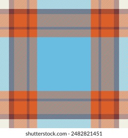 Manufacturing pattern fabric textile, 50s vector tartan check. Styling plaid seamless texture background in cyan and orange colors palette.