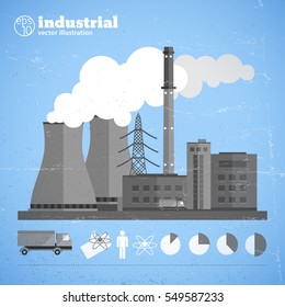 Manufacturing plant background with building chimney harmful emissions and truck people environmental diagrams icons isolated vector illustration