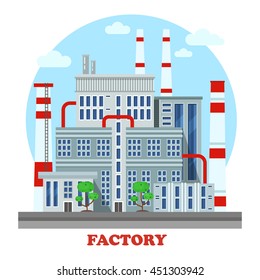 Manufacturing plant or factory, refinery with pipes and chimneys side street view exterior. Urban industrial cityscape construction for energy production panorama