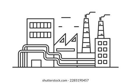 Manufacturing power station. Industrial factory, plant building vector outline illustration