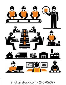 Manufacturing process assembly workers vector icons
