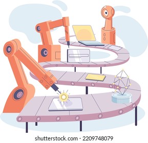 Manufacturing process at automated industry. Industrial conveyor with robot work. Technical and science innovation vector illustration. Smart manufacture, automation of digital devices production