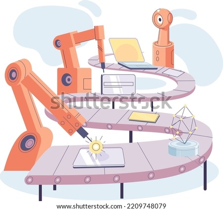 Manufacturing process at automated industry. Industrial conveyor with robot work. Technical and science innovation vector illustration. Smart manufacture, automation of digital devices production