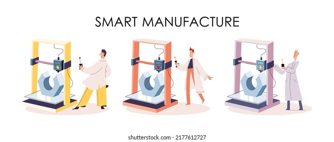 Manufacturing process at automated production industry. Scientist works with robot assembling products. Technical and science innovation. Smart manufacture, automation and development concept metaphor