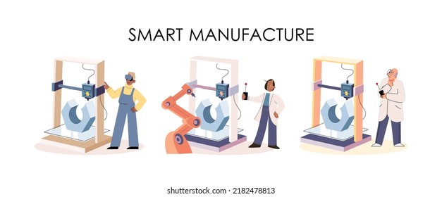 Manufacturing process at automated production industry. Scientist works with robot assembling products. Technical and science innovation. Smart manufacture, automation and development concept metaphor