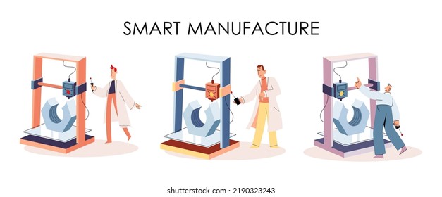 Manufacturing process at automated production industry. Scientist works with robot assembling products. Technical and science innovation. Smart manufacture, automation and development concept