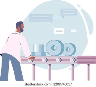 Manufacturing process at automated production industry. Man watching industrial conveyor with robot work. Technical and science innovation. Smart manufacture, automation, development concept