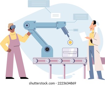 Proceso de fabricación en la industria de producción automatizada. La gente trabaja con control de transporte industrial. Innovación técnica y científica. Concepto inteligente de fabricación, automatización y desarrollo