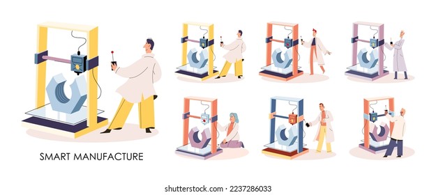 Manufacturing process at automated production industry. Scientist works with robot assembling products. Technical and science innovation. Smart manufacture, automation and development concept metaphor