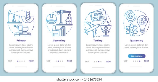 Manufacturing process blue onboarding mobile app page screen vector template. Primary, secondary, tertiary. Walkthrough website steps with linear icons. UX, UI, GUI smartphone interface concept