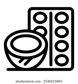 Manufacturing process of coconut oil represented by a simple icon of a coconut and pills