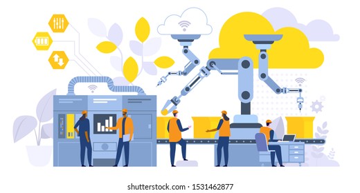 Manufacturing process flat vector illustration. Factory workers, engineer working with computer cartoon characters. High tech robotic machinery. Smart industry, controlling production operation