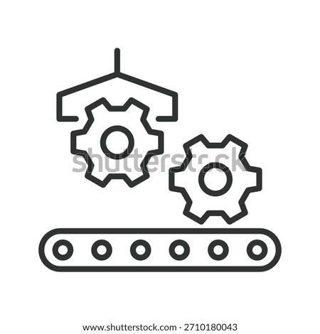 Manufacturing process icon in line design. conveyor, production, gear, engineering, system, workflow, assembly on white background vector. production line editable stroke icon