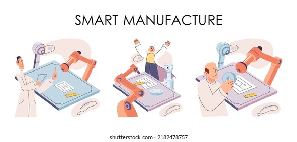 Industria de procesos de fabricación. Robots científicos ensamblando productos. Fabricación inteligente, metáfora de desarrollo de automatización. Diseño de productos de la industria inteligente, producción automatizada, robots y maquinaria 4.0