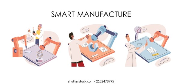 Verarbeitende Industrie. Wissenschaftliche Robotermontage-Produkte. Intelligente Fertigung, Automatisierungs-Entwicklungsmetapher. Produktdesign, automatisierte Produktion, Roboter und Maschinen der intelligenten Industrie 4,0