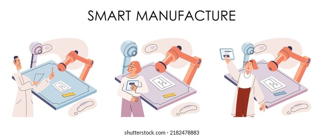 Manufacturing process industry. Scientist robot assembling products. Smart manufacture, automation development metaphor. Smart industry product design, automated production, robots and machinery 4.0