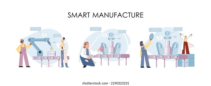 Manufacturing process industry. Scientist robot assembling products. Smart manufacture, automation development metaphor. Smart industry product design, automated production, robots and machinery 4.0
