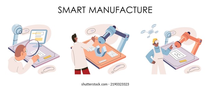 Manufacturing process industry. Scientist robot assembling products. Smart manufacture, automation development metaphor. Smart industry product design, automated production, robots and machinery 4.0