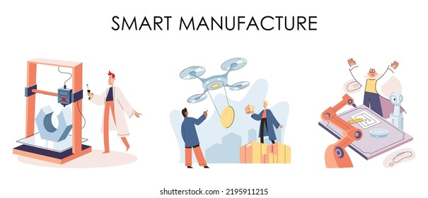 Manufacturing process industry. Scientist robot assembling products. Smart manufacture, automation development metaphor. Smart industry product design, automated production, robots and machinery 4.0