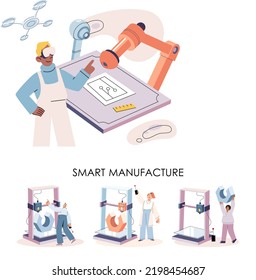 Manufacturing process industry. Scientist robot assembling products. Smart manufacture, automation development metaphor. Smart industry product design, automated production, robots and machinery 4.0