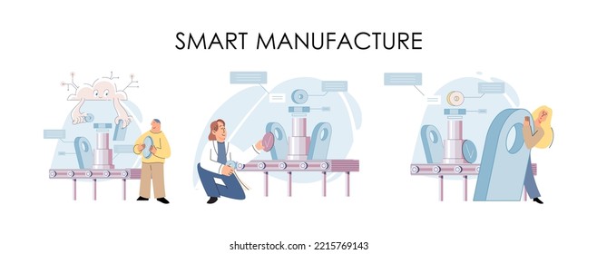 Manufacturing process industry. Scientist robot assembling products. Smart manufacture, automation development metaphor. Smart industry product design, automated production, robots and machinery 4.0